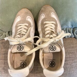 Tory Burch Cream and Taupe Low-Top Suede & Leather Sneakers